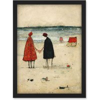 Artery8 Perfect Day For A Walk Couple Beach Scene Artwork Framed Wall Art Print A4 in Black
