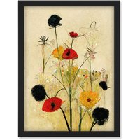 Artery8 Red Poppies & Yellow Marigolds Wild Flowers Artwork Framed Wall Art Print A4 in Black