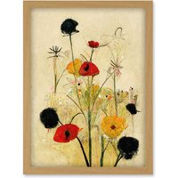 Artery8 Red Poppies & Yellow Marigolds Wild Flowers Artwork Framed Wall Art Print A4 in Light Oak