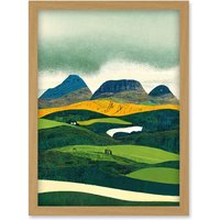 Artery8 Scottish Highland Munros Landscape Linocut Artwork Framed Wall Art Print A4 in Light Oak