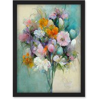 Artery8 Watercolour Pink Orange & Teal Spring Flower Bouquet Illustration Artwork Framed Wall Art Print A4 in Black