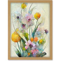 Artery8 Elegant Watercolour Pink & Yellow Spring Flower Bouquet Illustration Artwork Framed Wall Art Print A4 in Light Oak