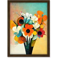 Artery8 Modern Abstract Oil Paint Vibrant Summer Flower Bouquet In Vase Artwork Framed Wall Art Print A4 in Brown