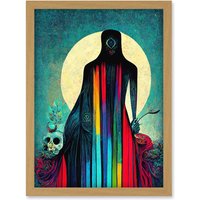 Artery8 Death Tarot Card Skull Rainbow Illustration Artwork Framed Wall Art Print A4 in Light Oak