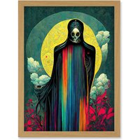 Artery8 Death Tarot Card Skull Full Moon Illustration Artwork Framed Wall Art Print A4 in Light Oak