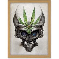 Artery8 Alien Skull With Marijuana Leaf Colour Pencil Illustration Artwork Framed Wall Art Print A4 in Light Oak