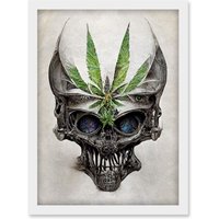 Artery8 Alien Skull With Marijuana Leaf Colour Pencil Illustration Artwork Framed Wall Art Print A4 in White