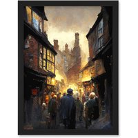 Artery8 The Shambles York Medieval City Street Oil Painting Artwork Framed Wall Art Print A4 in Black