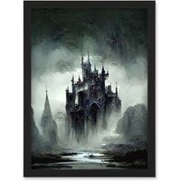 Artery8 Dark Gothic Castle Fantasy Landscape Artwork Framed Wall Art Print A4 in Black