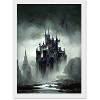 Artery8 Dark Gothic Castle Fantasy Landscape Artwork Framed Wall Art Print A4 in White