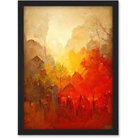 Artery8 Hidden Village Autumn Forest Warm Glow Watercolour Artwork Framed Wall Art Print A4 in Black