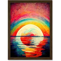 Artery8 Rainbow Sunset At Sea Vibrant Expressionism Artwork Framed Wall Art Print A4 in Brown