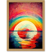 Artery8 Rainbow Sunset At Sea Vibrant Expressionism Artwork Framed Wall Art Print A4 in Light Oak