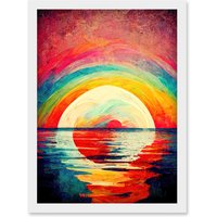 Artery8 Rainbow Sunset At Sea Vibrant Expressionism Artwork Framed Wall Art Print A4 in White