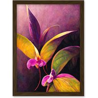 Artery8 Pink Orchid Vibrant Mauve Flowers Painting Artwork Framed Wall Art Print A4 in Brown