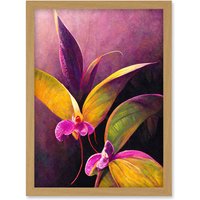 Artery8 Pink Orchid Vibrant Mauve Flowers Painting Artwork Framed Wall Art Print A4 in Light Oak