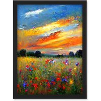 Artery8 Sunset Wildflower Peaceful Summer Meadow Oil Painting Artwork Framed Wall Art Print A4 in Black