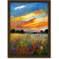 Artery8 Sunset Wildflower Peaceful Summer Meadow Oil Painting Artwork Framed Wall Art Print A4 in Brown
