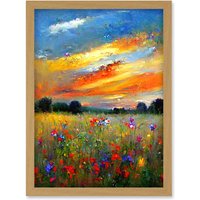 Artery8 Sunset Wildflower Peaceful Summer Meadow Oil Painting Artwork Framed Wall Art Print A4 in Light Oak