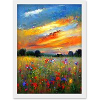 Artery8 Sunset Wildflower Peaceful Summer Meadow Oil Painting Artwork Framed Wall Art Print A4 in White