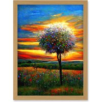 Artery8 The Wildflower Tree Summer Meadow Oil Painting Artwork Framed Wall Art Print A4 in Light Oak