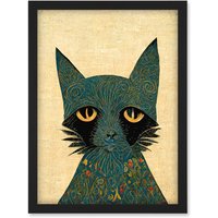 Artery8 William Morris Style Floral Blue Cat Artwork Framed Wall Art Print A4 in Black