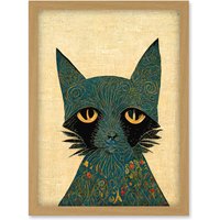 Artery8 William Morris Style Floral Blue Cat Artwork Framed Wall Art Print A4 in Light Oak
