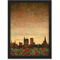 Artery8 Floral City Skyline Poppies William Morris Artwork Framed Wall Art Print A4 in Black
