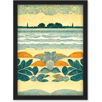 Artery8 Seaweed Sunshine & Seashells Beach Scene Seascape Artwork Framed Wall Art Print A4 in Black