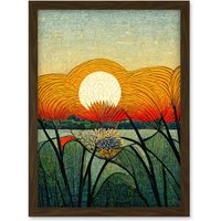 Artery8 Vibrant Sunset Flower Meadow W Morris Style Artwork Framed Wall Art Print A4 in Brown