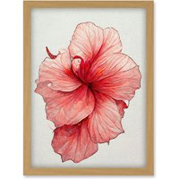Artery8 Pink Hibiscus Flower Illustration Floral Pink Artwork Framed Wall Art Print A4 in Light Oak