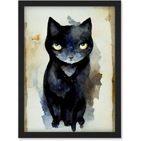 Artery8 Curious Black Cat Watercolour Painting Artwork Framed Wall Art Print A4
