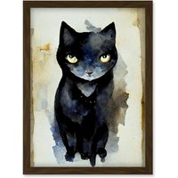 Artery8 Curious Black Cat Watercolour Painting Artwork Framed Wall Art Print A4 in Brown