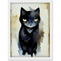 Artery8 Curious Black Cat Watercolour Painting Artwork Framed Wall Art Print A4 in White