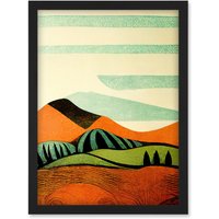 Artery8 Abstract Eclectic Tangerine & Olive Countryside Linocut Illustration Artwork Framed Wall Art Print A4 in Black