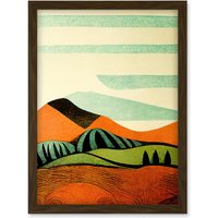 Artery8 Abstract Eclectic Tangerine & Olive Countryside Linocut Illustration Artwork Framed Wall Art Print A4 in Brown