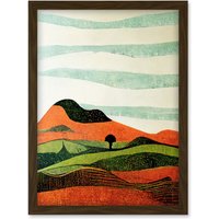 Artery8 Abstract Eclectic Tangerine & Olive Nature Landscape Linocut Illustration Artwork Framed Wall Art Print A4 in Brown