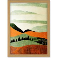 Artery8 Abstract Eclectic Tangerine & Olive Nature Landscape Linocut Minimalism Drawing Artwork Framed Wall Art Print A4 in Light Oak