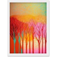 Artery8 Forest Treetops Linocut Illustration Vibrant Bold Artwork Framed Wall Art Print A4 in White