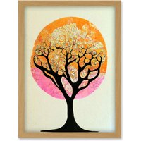 Artery8 Tranquil Tree Silhouette Abstract Illustration Enchanted Linocut Artwork Framed Wall Art Print A4 in Light Oak