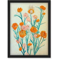 Artery8 Boho Marigold Flowers Teal Orange Painting Artwork Framed Wall Art Print A4 in Black