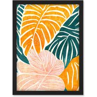 Artery8 Orange Pastel Pink Green Monstera Plant Leaf Boho Linocut Illustration Artwork Framed Wall Art Print A4 in Black