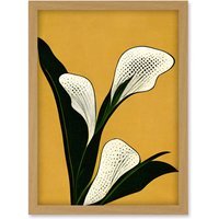 Artery8 Art Deco Pop Art White Calla Lily Flower Plant Artwork Framed Wall Art Print A4 in Light Oak