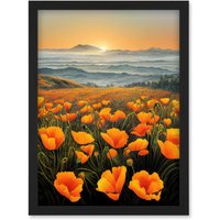 Artery8 Shoreline California Poppies At Sunrise Painting Artwork Framed Wall Art Print A4 in Black
