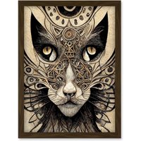 Artery8 Abstract Cat Face Close Up With Tribal Patterns Textured Mask Artwork Framed Wall Art Print A4 in Brown