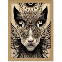 Artery8 Abstract Cat Face Close Up With Tribal Patterns Textured Mask Artwork Framed Wall Art Print A4 in Light Oak