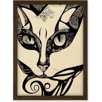 Artery8 Abstract Boho Portrait Cat Sketch Cat Tribal Intricate Artwork Framed Wall Art Print A4 in Brown