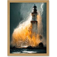 Artery8 Lighthouse Storm French Coastline Lightning Hurricane Artwork Framed Wall Art Print A4 in Light Oak