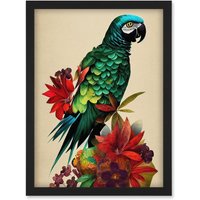 Artery8 Exotic Flowers & Feathers Macaw Parrot & Jungle Blooms Artwork Framed Wall Art Print A4 in Black