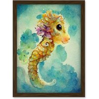 Artery8 Cute Baby Seahorse Kids Bedroom Watercolour Illustration Artwork Framed Wall Art Print A4 in Brown